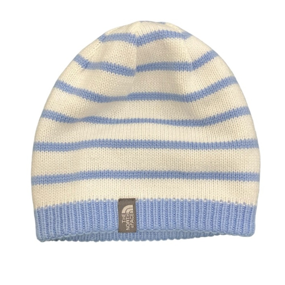 The North Face Kids' Cream and Blue Striped Hat Reversible cuffed
